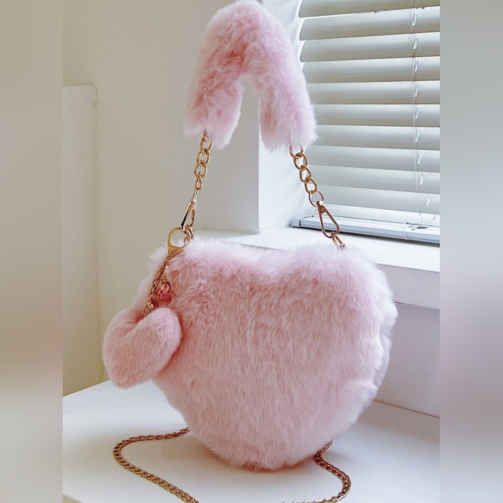 Pink Faux Fur Heart-Shaped Handbag